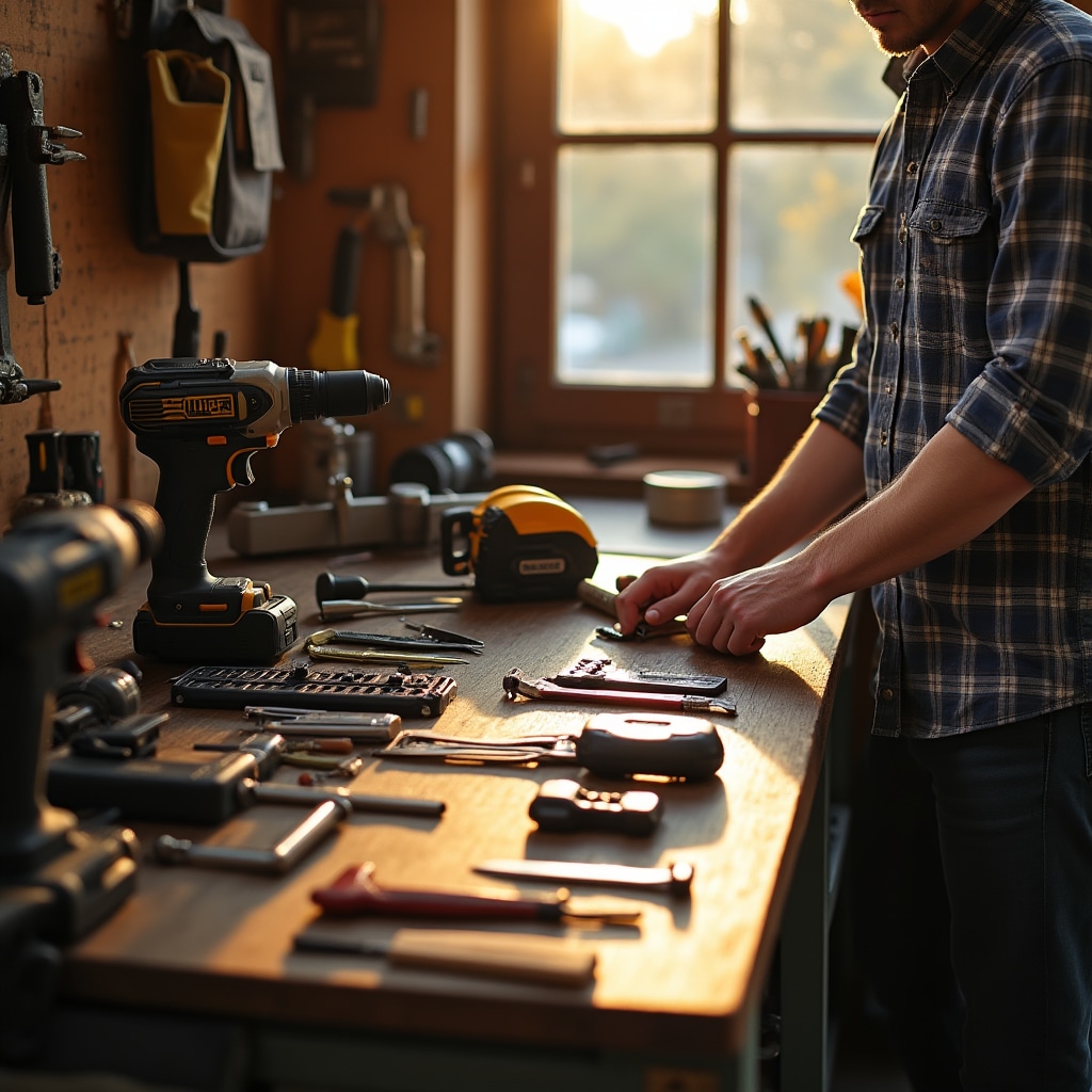 Professional handyman tools organized on workbench